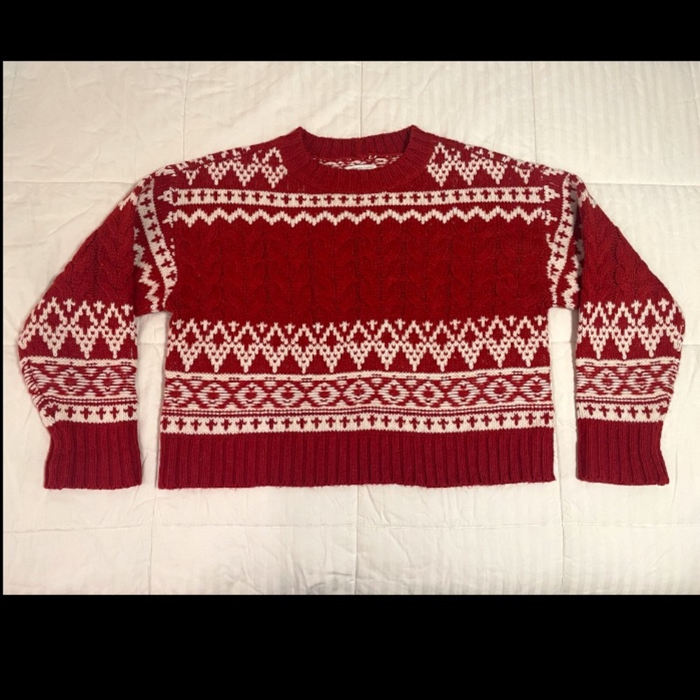 American Eagle Women Size XL Red Fair Isle Holiday Knit Cropped Sweater Pullover